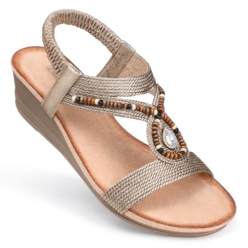 SHIBEVER Womens Wedge Sandals Low: Elastic Ankle Strap Wedge Sandals