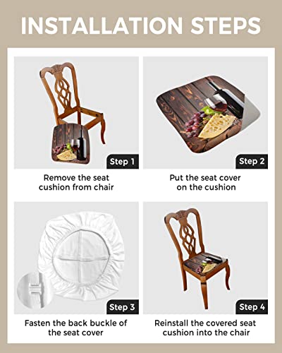 Dining Chair Seat Cover Set Of 4, Stretch Fitted Chairs Protector Covers Farmhouse Red Wine Grape And Cheese Seat Cushion Slipcover For Kitchen, Hotel, Restaurant Retro Wood Plank #TOP3
