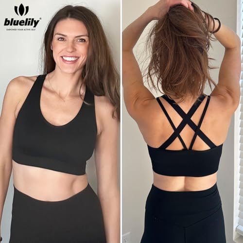 Image of BLUELILY Sports Bra for Women Medium Support Criss Cross Strappy Bras Seamless Padded High Impact Yoga Athletic Exercise Bras