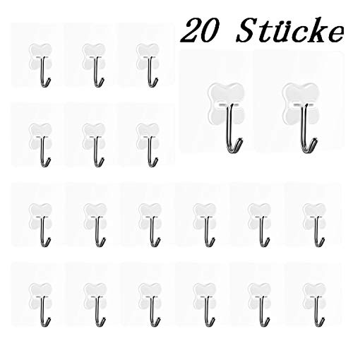 CLOFY 20 Stücke Selbstklebende Klebehaken, Transparente Haken, Selbstklebend Handtuchhaken, Wasserfest Badezimmer Haken Ohne Bohren für Küche Bad Wand & Decke Aufhänger, Max 10kg