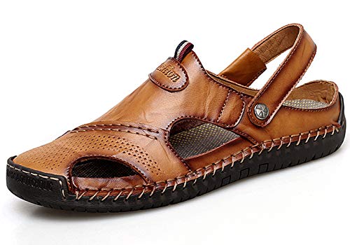 Acrossage Men Casual Leather Sandals Closed Toe Flats Boat Shoes Fisherman Shoes Outdoor Sports Beach Slippers