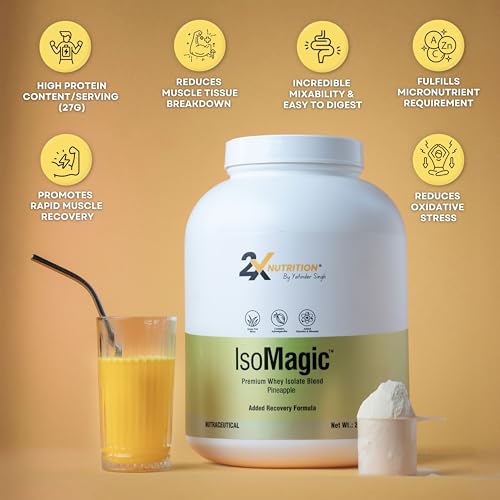 Image of 2X Nutrition Premium Whey Isolate Blend Protein Powder ISOMAGIC with Ashwagandha, 27g Protein, Low Fat & Carbs, for Faster Muscle Growth, Added Free-Form BCAA & L-Glutamine, Pineapple, 2Kg