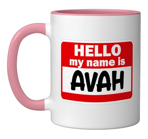 Avah Hello Hi My Name Is Tshirt Name On Custom Ceramic Mug, Pink/White