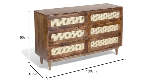 Image of Solid Wood Atlanta Chest of Drawer | Dresser with 6 Drawers | Wooden Chest of Darwers | Chest of Drawers with Cane /Rattan | Finish- Tubaq