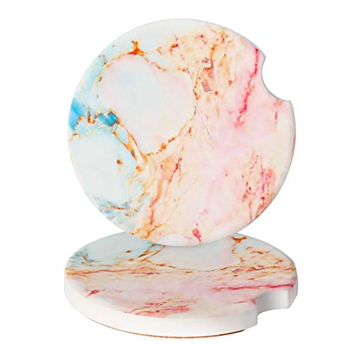 Cup Holder Coasters for Car, Absorbent Ceramic Stone Car Coaster for Women 2 Pack Pink Marble Pattern Drinks Coaster with Finger Notch & Cork Bottom, Keep Cup Holders Clean and Dry