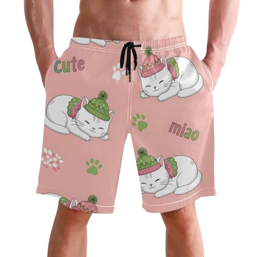 Men's Swim Trunks Quick Dry Swimming Shorts with Pocket Cute Cats with Hats Swimsuit Trunks