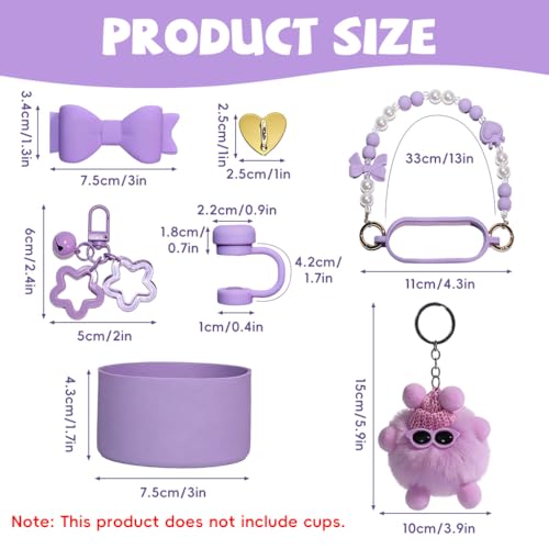 Image of HASTHIP Stanley Cup Accessories Set, 6Pcs Tumbler Cup Accessories with Sweet Bow Beaded Chain Handle, Purple Bow Straw Charm & Tip Cover, Soft Bottom Sleeve (NOT Included Cup)