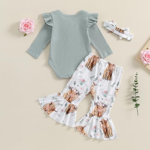 Baby Girl Clothes Newborn Infant Outfits Ruffle Romper Floral Bell Bottoms Pants Headband Sets Ribbed Knit Clothing4