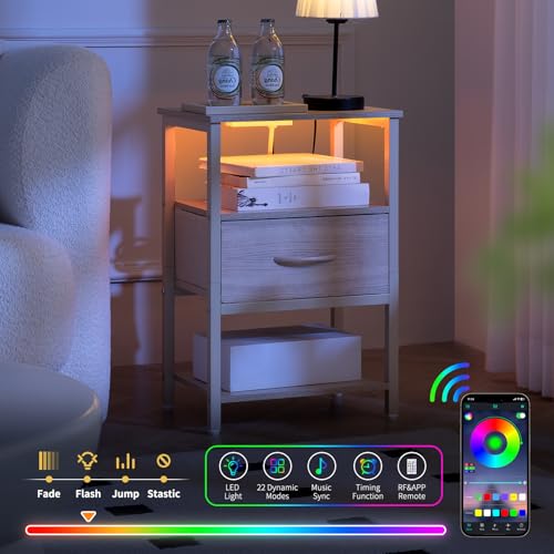 Image of Yoobure Night Stand with Charging Station, LED Nightstand for Bedroom, Bedside Tables with Adjustable Fabric Drawer, 3-Tier End Table Living Room, Small Side Table with Storage, Natural Wood