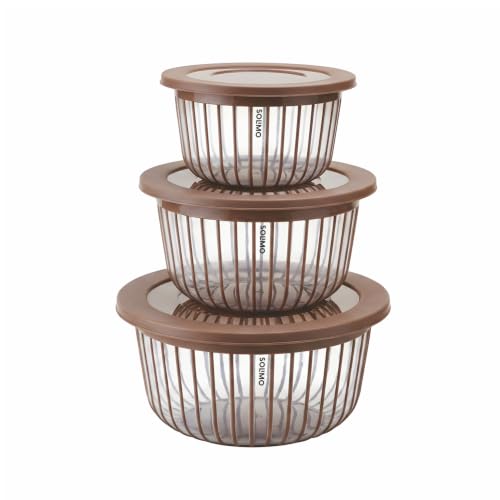 Image of Amazon Brand - Solimo Better Home Linea Transparent Plastic Storage Bowls Food Grade Set of 3 (1.3L, 2.3L, 3.8L) | BPA-Free, Stackable Kitchen Containers with Lids, Brown
