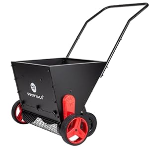 Suchtale Upgrade Push Lawn Spreader for Compost & Peat Moss, Organic Fertilizer Applicator with Rotating Blades, Adjustable Rate Metal Mesh Basket Topdresser