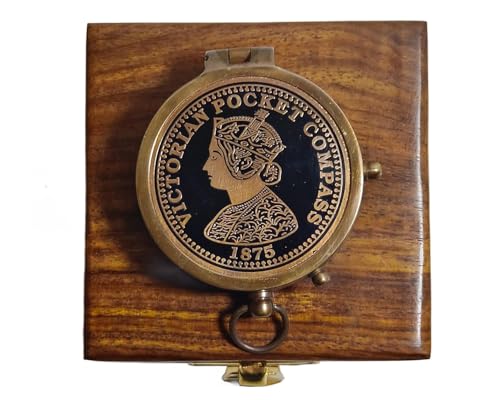Brújula de bolsillo plana antigua de 2 pulgadas de diseño hermoso de latón con caja de madera miniatura 3