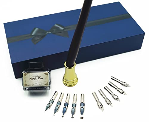 Plotube Wooden Pen Calligraphy Set - Dip Pen Gift Writing Case - Black Ink Bottle & Golden Pen Holder & 11 Nibs And Beginner's Manual #TOP2