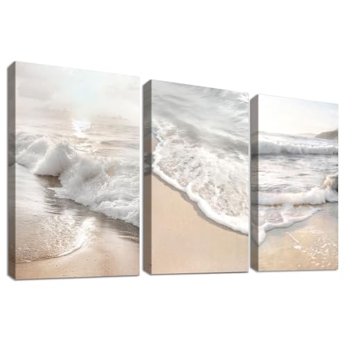 3 Pcs Amanecer en la Playa Marco de Madera Cuadro Moderno Olas del Mar Lienzo Decorativos Pintura Imagen Arena Costero Paisaje Marino Cuadros Decoracion Salon Dormitorios Pasillo 50cmx70cmx3
