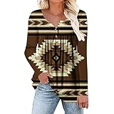 Oberteile Damen Ethnisch Retro Stil Druck Tunika Plissee Knopfleiste Bluse Lose Rundhals T-Shirt Freizeit Rüschen Pullover Bluse Tops Langarmshirt