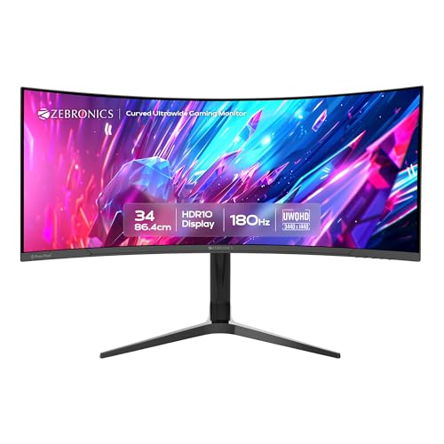 Zebronics PA234 34 Inch 1500R Curved Ultrawide Gaming Monitor, UWQHD 3440x1440, 180Hz, 1ms MPRT, HDR10, Adaptive Sync, 100% sRGB, Height/Pivot/Swivel/Tilt Adjust, 2 x DP, 2 x HDMI Ports