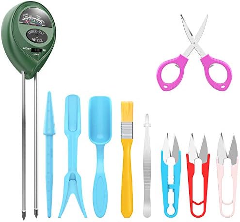 Lightswim Soil Meter with 9pcs Garden Tool Sets, 3-in-1 Moisture Sensor/Sunlight/pH, Include Pruner, Fold Scissors, Transplanting tool