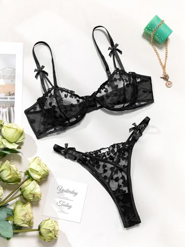 Image of Lilosy Sexy Underwire Cute Push Up Strappy Embroidered Mesh Sheer Lingerie Set See Through Panty Bra