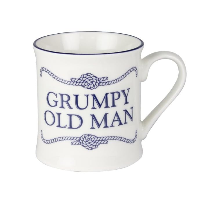 Campfire Style Crew Mugs Coffee & Tea China Mug, Nautical Design White & Blue, Holds 275ml (Grumpy Old Man)