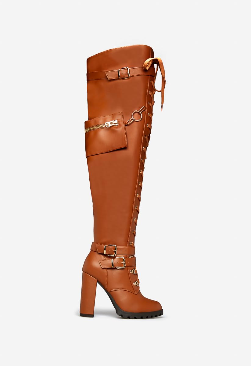 Yishaweiqi Buckle Strap Wide Calf Thigh High Boots for Women Chunky Block High Heel Over The Knee Boots Lace up Riding Combat Boots Ladies Side Zipper Tall Long Boots: 4 Brown