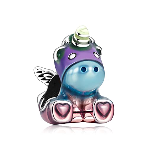 Annmors Donna Ciondolo Bruno l unicorno con Arcobaleno Colorato Argento 925 Colgantes per Charm Bracciale