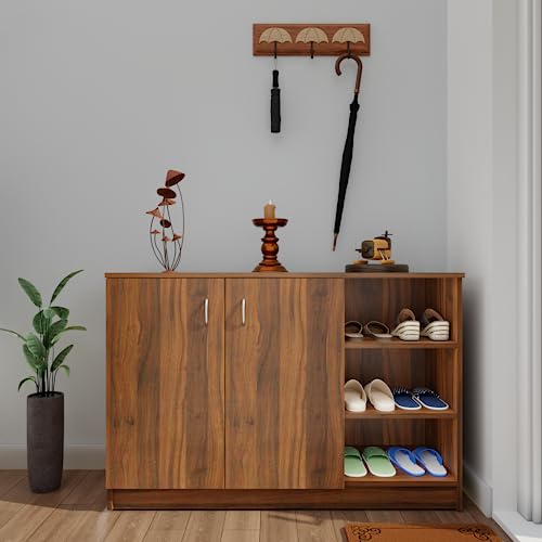 Image of VIKI | Shoe Rack with Doors and Open Shelves, Shoe Storage,Shoe Cabinet for Hallway, Organizer Unit for Entryway, Width 120cms, Brussel Walnut Colour | 1 Year Warranty