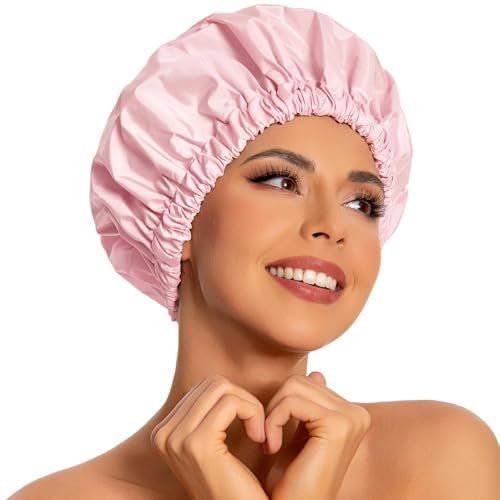 PINKE Reusable Shower Cap Large Waterproof Shower Bonnet Washable Elastic Band Bath Hair Hat for Women Protects Hair In Shower Spa Cooking Clean & Travel(Pink)