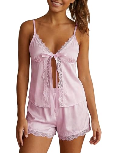 Image of Anuedgis Women's Lace Trim Satin Pyjama Set Sleeveless Front Tie Cami Top & Shorts for Loungewear Bridal Nightwear (A-Pink, S)