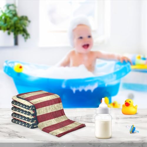 Image of YETTASBIN American Flag Muslin Baby Hand Washcloths, Soft Cotton Bath Face Towel, 4 Layers Extra Absorbent Feeding Burp Cloth for Newborn Infant, 3 Pack