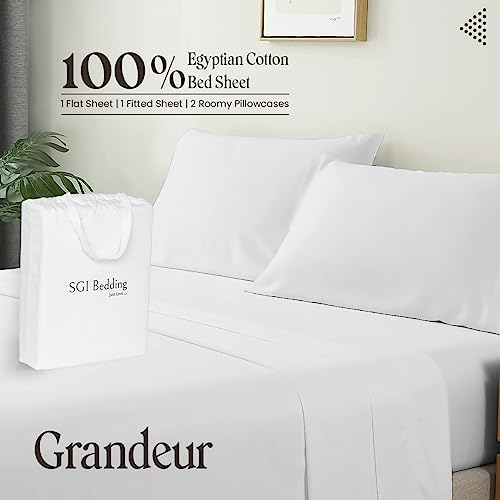 Sgi 1000 Tc 100% Egyptian Cotton Bed Sheets, Luxurious Soft For Premium Hotel Quality 4Pc Sheet Set - 1 Fitted Sheet, 1 Flat Sheet & 2 Pillowcase 15" Inch Deep Pocket (Full, White Solid) #TOP2