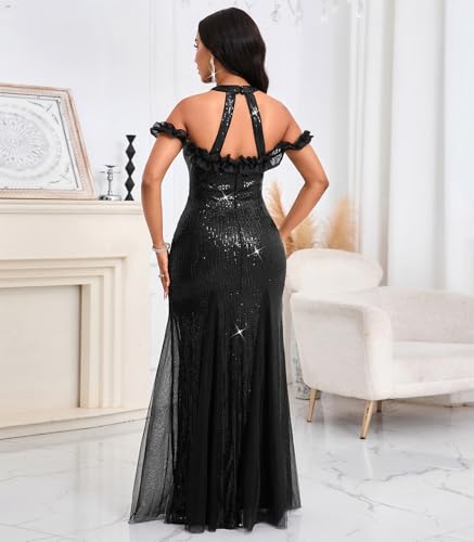 Image of Cololura Women Sexy Sequin Halter Neck Short Sleeve Mesh Perspective Party Bodycon Evening Cocktail Maxi Dress