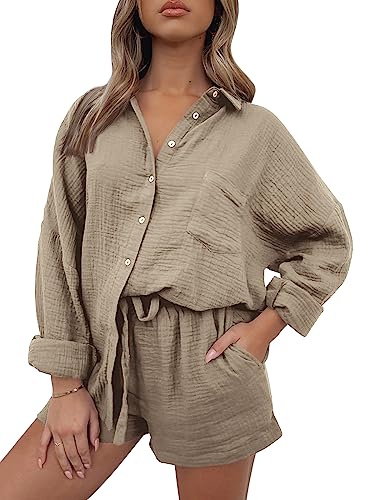 Image of Trendy Queen Two Piece Sets For Women Summer Short Sets | Matching Two Piece Pajama, Lounge Wear, Linen Set, Button-down Top with Matching Shorts, Perfect for Beach, Resort Wear