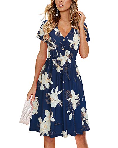 LAISHEN Women's V-Neck Casual Dress Short Sleeve Button Down Knee Length Sundress with Pockets(floral03,S)
