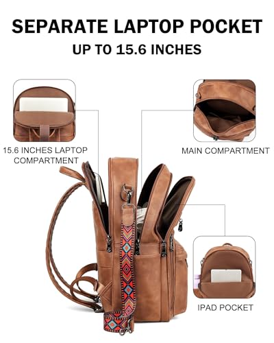 FADEON 15.6 inch Laptop Backpack Purse for Women Designer PU Leather Computer Backpacks Fashion for Work Travel Brown3