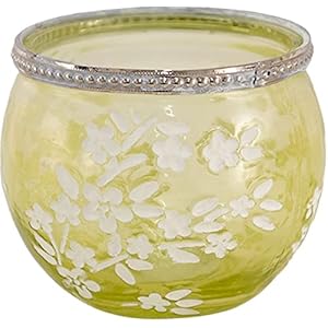 Clayre & Eef Glazen Theelichthouder Ø 10 * 9 cm Groen Wit Glas Metaal Rond Bloemen Waxinelichthouder Windlichthouder