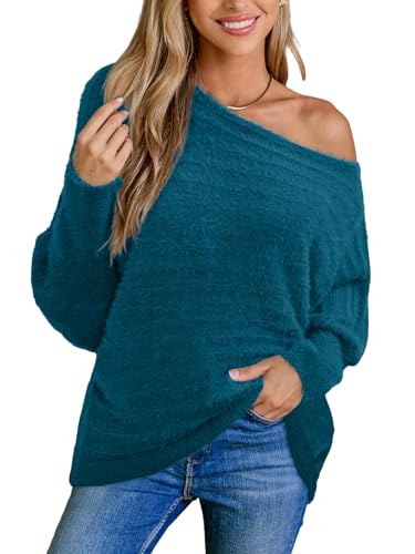 Image of CUPSHE Womens One Shoulder Sweaters Puff Long Sleeve Soft Fuzzy Lightweight Pullover Sweater Tops