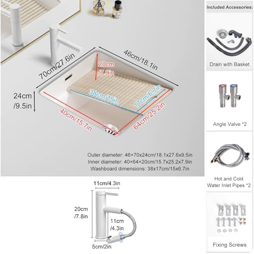 Undermount Ceramic Bathroom Sink - Rectangular Laundry Sink with Washboard, Faucet & Overflow for Bathroom & Balcony, 45x50x24cm (17.7x19.7x9.5in)