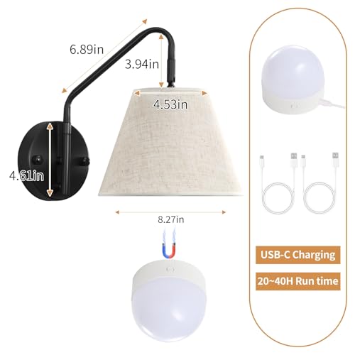 Image of Black Wireless Wall Sconces Set of Two, Swing Arm Battery Wall Sconce, Battery Operated Wall Sconce with Remote, Battery Sconces with Linen Lampshade, Rechargeable Wall Lights for Living Room
