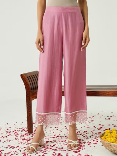 Image of FIORRA Women's Pink Silk Blend Flared Kurta & Palazzo With Dupatta