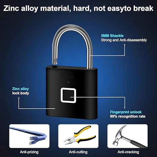 Image of Pothunder Fingerprint Smart Padlock Lock, Biometric Metal Keyless Thumbprint Lock, Waterproof, USB Rechargeable, for Gym Locker, School Locker, Luggage, Backpack, Suitcase (DarkBlack)