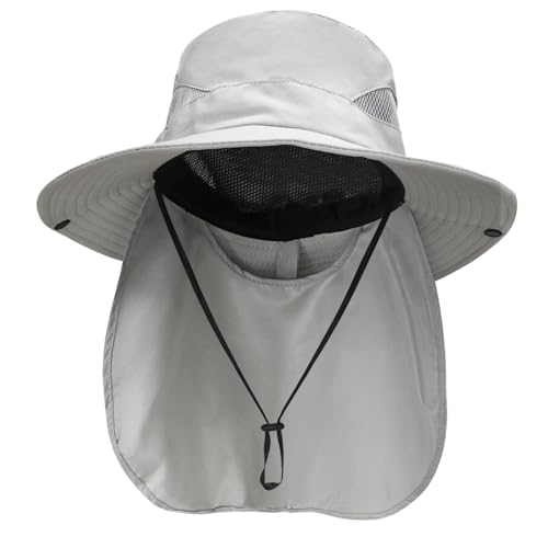 NPQQUAN Sun Hats for Men Women with Neck Flap UPF 50+ UV Protection Wide Brim Bucket Hat Safari Hiking Fishing Hats Lightgrey（Neck Flap）
