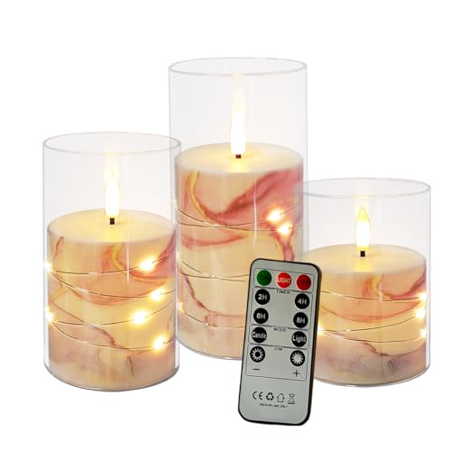 Image of Flickering Flameless Candles Pink Marble Embedded Star String Lights, Battery Operated Acrylic LED Pillar Candles with 11-Key Remote and Timer for Home Decoration, 3 Pack