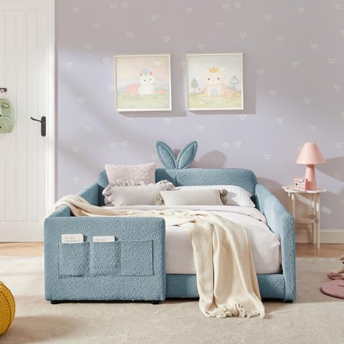 Image of Full Size Bed Frame for Kids, Upholstered Daybed Frame Floor Bed with Safety Rails and Storage Pocket Cute Rabbit Ear Shaped Headboard for Kids Teens Boys Girls, Blue