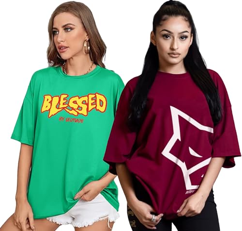 Image of LEOTUDE Cottonblend Oversized Half Sleeve Colorful Printed Combo T-Shirts for Women (Pack of 2)