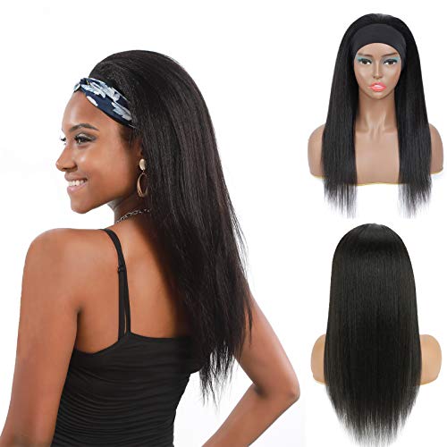 Headband Wig For Black Women Curly Yaki Straight Human Hair Blend Wigs None Lace Front Wigs Silky Machine Made Wig Glueless Natural Color Costume Wigs 150% Density 18 Inches