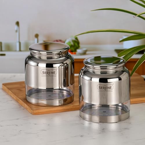 Image of Serene Stainless Steel Exotic See-Through Jar | Airtight Jars for Kitchen Storage | Premium Steel Jars with One Turn Lock Lid | Transparent Stainless Steel Containers | 1500ML | 2 PC