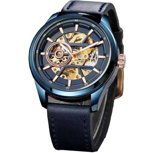 Image of Luxury Automatic Mechanical Watch, Gold-Tone Case, Brown Leather Strap, Skeleton Dial