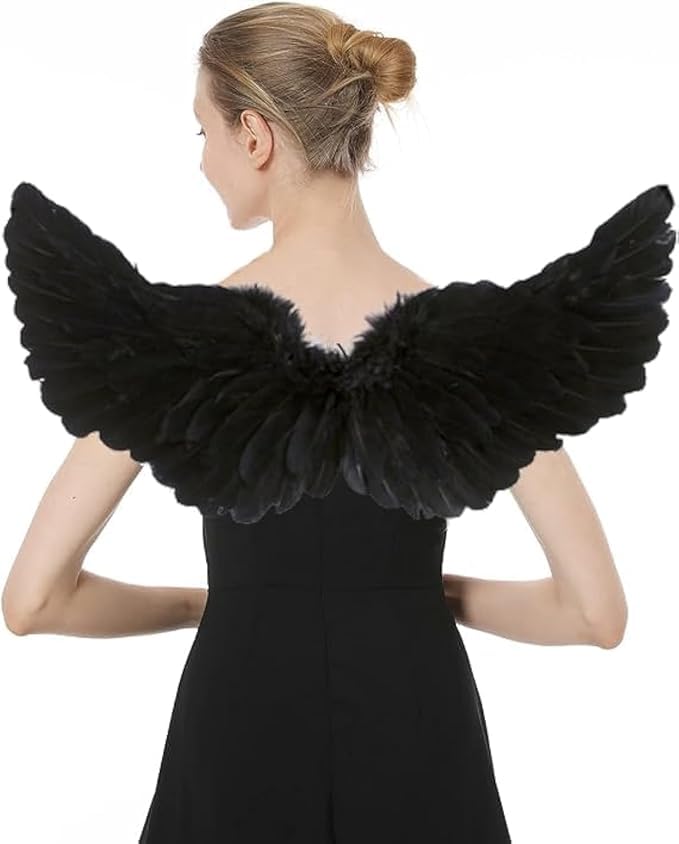 Angel Wings and Halo for Kids with Wand,Halloween Costume Angel Feather Wing Dress Up Pretend Play,Halloween Fallen Dark Angel Costume for Halloween Masquerade Cosplay Party (Kids/Black/Angle)