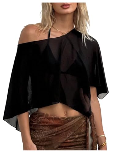 Image of GORGLITTER Bikini Cover Ups for Women Chiffon Sheer Poncho Top Asymmetrical Half Sleeve Cover Up with Halter Triangle Bra Black X-Small
