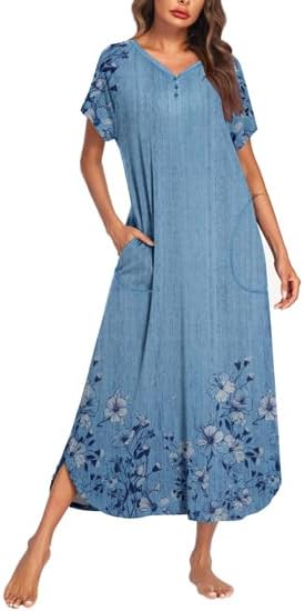 Ekouaer Long Nightgown Women's Loungewear Short Sleeve Sleepwear Full Length Sleep Shirt with Pockets